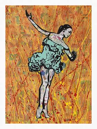 Fire Dancer-芭蕾舞演员橙色和绿色的象征性波普艺术街头艺术印刷品（2020） by Amy Smith