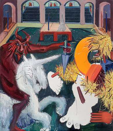 魔鬼骑着独角兽和圣大脚怪在中世纪的内陆（2021年） by Tincuta Marin