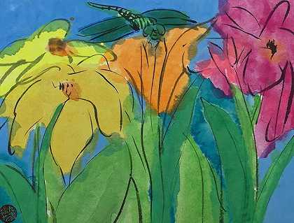 蜻蜓与花（约1990年代） by Walasse Ting 丁雄泉