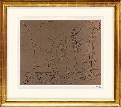 裸体女人用手钓鳟鱼。（裸女用手钓鳟鱼。）（1962） by Pablo Picasso