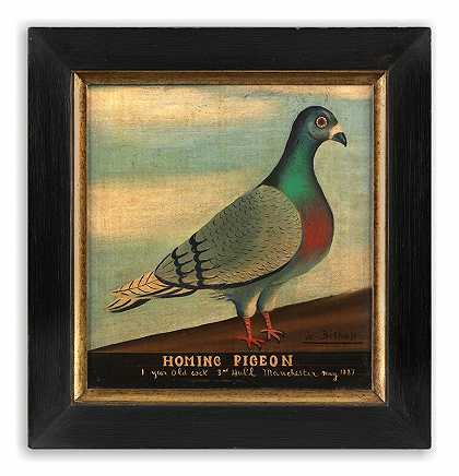 一对醒目的原始信鸽肖像（分别为英文、签名、题字和日期为“1887年和1892年”） by W. Bishop, English Naïve School