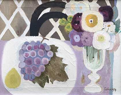 《葡萄与花的静物》（1974） by Mary Fedden