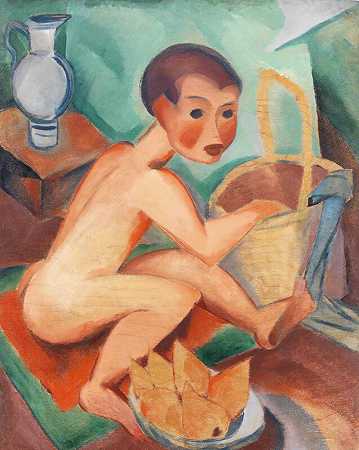 《带着篮子和梨的裸体男孩》（维索：《带球的男孩》，埃米尔·马泽尔1955年出版）（1918年） by Dorothea Maetzel-Johannsen