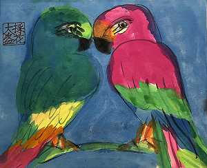 绿色和红色的爱情鸟（1990年代） by Walasse Ting 丁雄泉
