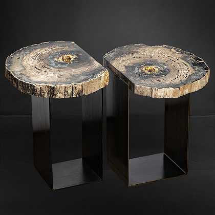 一对石化木边桌（2020年） by Ernesto Durán