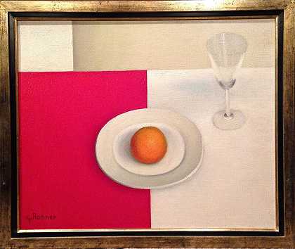 红色和白色桌布上的橙色（1967） by Georges Rohner