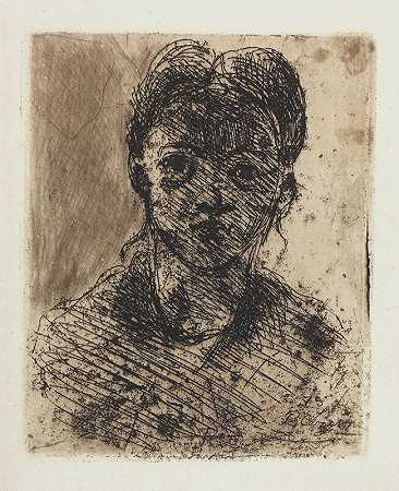 一个年轻女孩的头。(1873) by Paul Cézanne