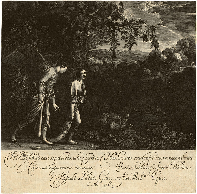 托拜厄斯和天使拖着鱼——大托拜厄斯。艾尔斯海默之后（1613年） by Hendrik Goudt