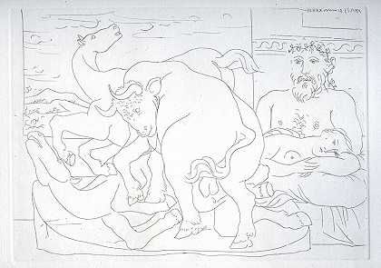 “雕塑家和他的模特与一组雕塑描绘了一头公牛从‘套房偷来的’攻击马”（1933年） by Pablo Picasso