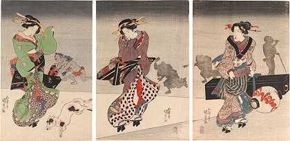 两个美女，一个女仆提着灯笼和三味仙（约1820年） by Utagawa Toyokuni III (Utagawa Kunisada)