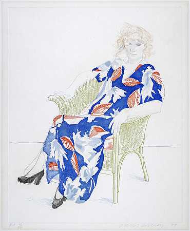 西莉亚坐在柳条椅上（1974） by David Hockney