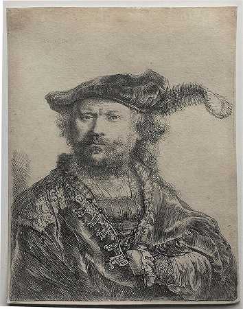 带羽毛的天鹅绒帽子自画像（1638年） by Rembrandt van Rijn