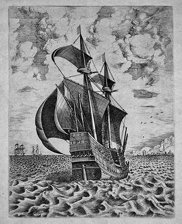 四名武装船长从帆船驶向港口（1561-1565） by After Pieter Bruegel the Elder