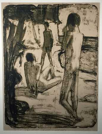 巴登德态度：（三名男性游泳者在岸边）。(1924) by Max Kaus