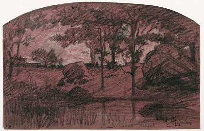 树木繁茂的景色。（约1875年） by Adolphe Appian