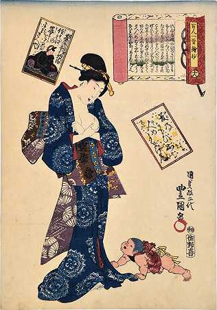 《一百位诗人的一百首诗画报评论：第18号，藤原俊之（约1844年） by Utagawa Toyokuni III (Utagawa Kunisada)