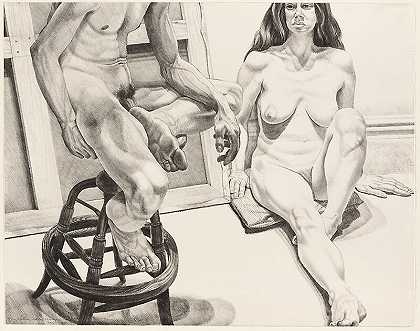 橡木凳子上的两个裸体和帆布（1976年） by Philip Pearlstein