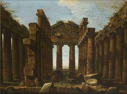 帕埃斯图姆的波塞冬神庙内部（约1756-1750年） by Antonio Joli