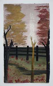 有粉红色天空的篱笆和破树（1926-2006） by Frank Walter