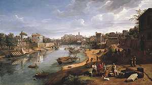 罗马里帕格兰德台伯河景观（约1690年） by Gaspar Van Wittel, Called Vanvitelli