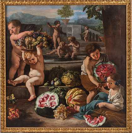 Putti和带水果静物的孩子们，以及远处的正式花园（约1660年代） by Abraham Brueghel