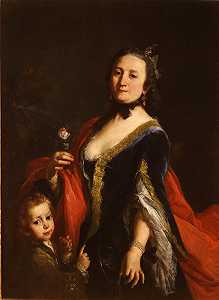 一位女士的肖像，站着四分之三长，手里拿着一朵玫瑰花，旁边拿着一个苹果的男孩（18世纪） by Alessandro Longhi