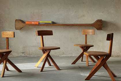 一套六把S34餐椅，实木Elm（20世纪60年代） by Pierre Chapo