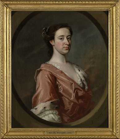 一位身穿饰有貂皮的红色连衣裙、假椭圆形的女贵族肖像（1740年） by Allan Ramsay