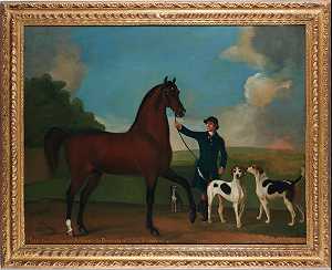 汤森子爵的财产——海湾种马米洛的肖像，由他的新郎和几只猎犬和一只梗牵着。 by Richard Roper