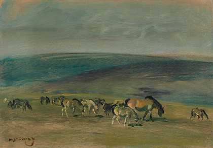 在Exmoor上放牧的小马（约1940年代） by Alfred James Munnings