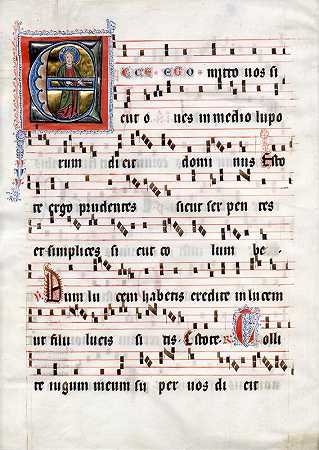 圣·巴塞洛缪（Saint Bartholomew）在中世纪对唱曲的叶子上首字母“E”（约1310年） by Regensburg School