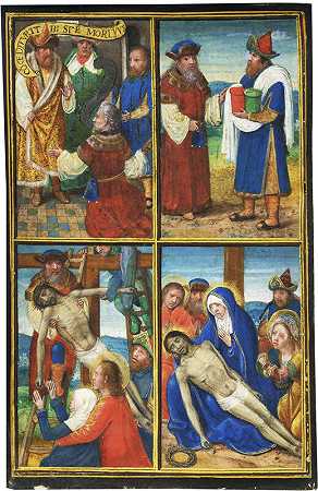 亚利马太的约瑟和尼哥底母在基督的热情中；Enriquez de Ribera家族祈祷书的一片叶子（约1508-1509年） by Simon Bening