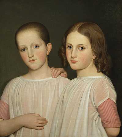 两姐妹穿着粉色条纹连衣裙和白色围裙（约1840年） by Danish School