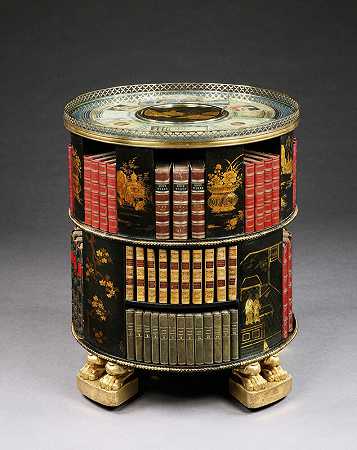 一个罕见的摄政时期涂有中国漆的镀金圆形书架（约1810年） by Unknown