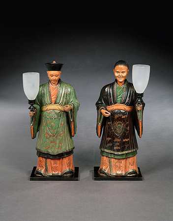 一对摄政时期的多色图案装饰着一位中国人和他的配偶，上面挂着灯（约1815年） by English