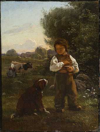一个带着狗的男孩，远处的挤奶女工（约1845年） by Carlo Eduardo Johan Dalgas