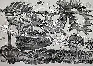 碳化硅和银色绘画（一对恋人展示未知的美丽鸟）（2019年） by Catherine Howe