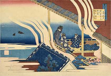 护士所说的《百首诗》：《藤原无吉田》 by Katsushika Hokusai