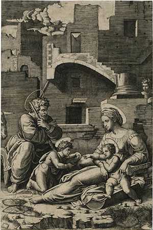 圣约翰浸礼会圣约翰家族或长腿圣母[Raphael Sanzio（1483-1520）或Giulio Romano（1499-1546）]（1520-1525） by Marcantonio Raimondi