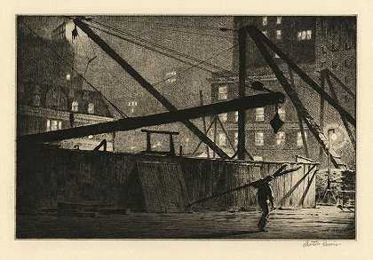晚上的吊杆。（1927年） by Martin Lewis