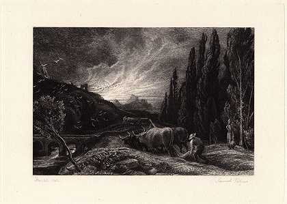 早起的农夫，也被称为“早晨在山上蔓延”（1860-1861） by Samuel Palmer