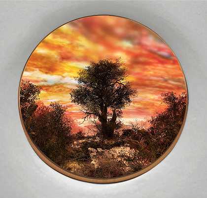 红月当空的树（透过7.5英寸的窗户观看立体画）（2020年） by Patrick Jacobs