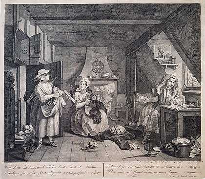 [最心烦意乱的诗人]他勤奋好学，到处都是他的书……（1736） by William Hogarth