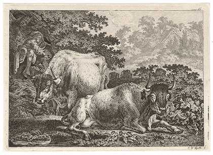 牧人在森林边缘与两头奶牛吹笛（约1800年） by Carl Wilhelm Kolbe