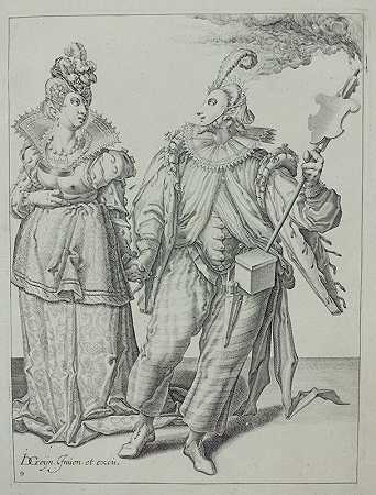 蒙面舞者，其中一人手持火炬（1595-1596） by Circle of Jacob de Gheyn II