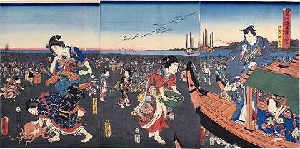 用紫色手工印刷的《十二个月：第三个月》（1858年） by Utagawa Toyokuni III (Utagawa Kunisada)
