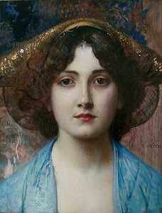 身穿蓝色上衣的年轻女士肖像（1905-1910） by Edouard Veith