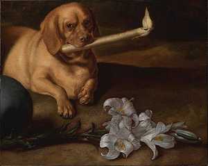 带蜡烛和百合花的狗（约1660年代）|出售 by Juan de Pareja