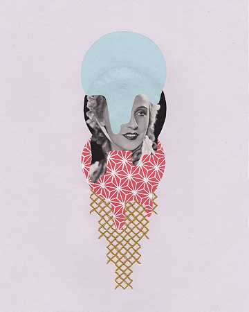 \\“草莓甜心”——粉色/薰衣草色冰淇淋黑色电影拼贴画，在纸上有发现的图像和刺绣（2015年） by Natalie Ciccoricco