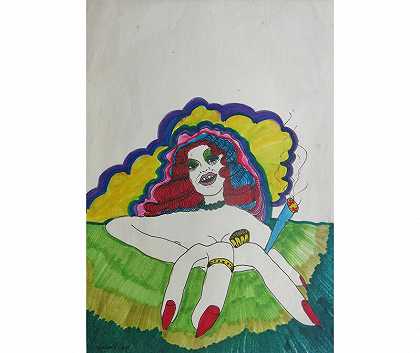 手里拿着香烟的女人的头（1970年） by Ricardo Migliorisi